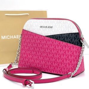 Michael Kors Medium Signature Logo Color Block Dome Crossbody Bag DRAGONFRUIT